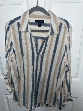 Tahari Striped Lightweight Button-Up in Beige, Navy & White